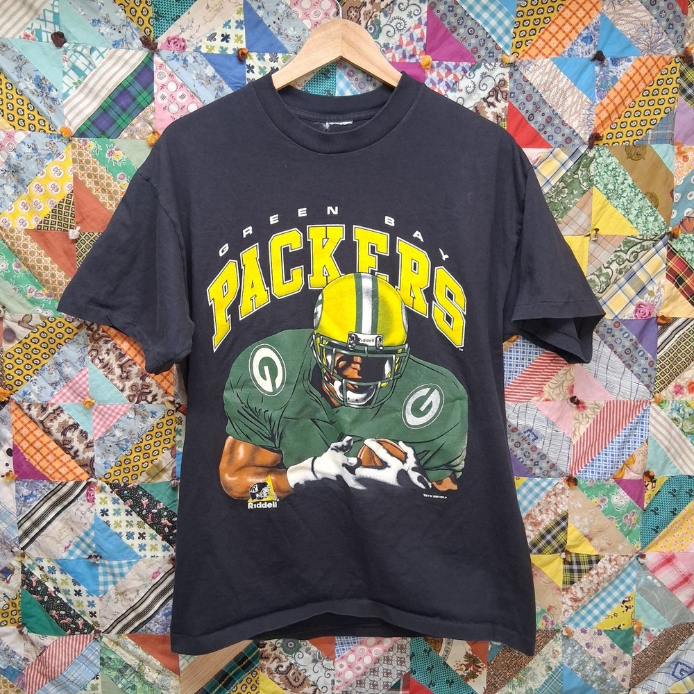 Vintage Riddell Green Bay Packers Mirrored Cartoon Graphic Tee Shirt Size Large